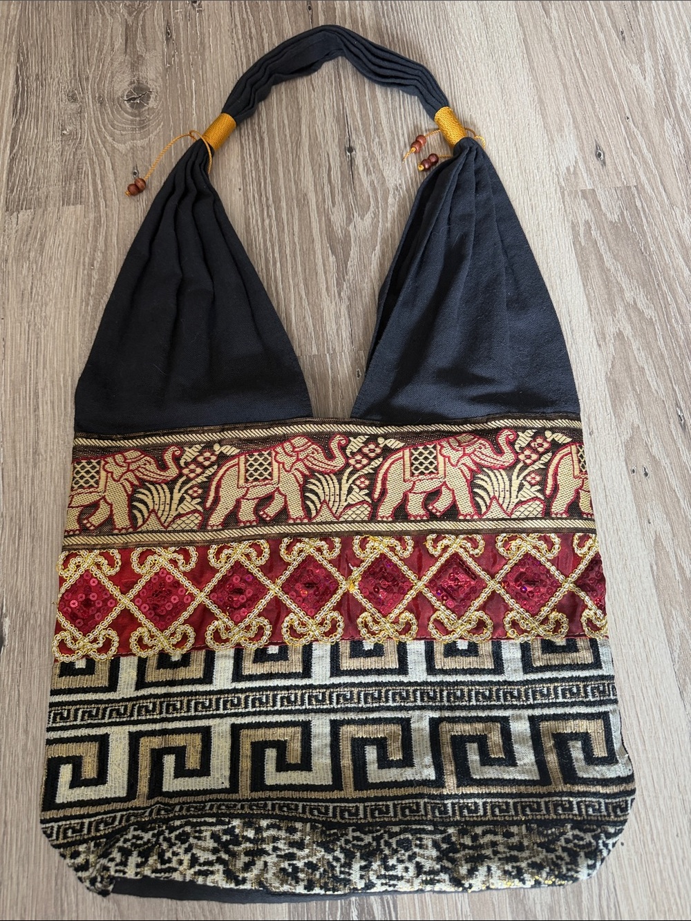 Boho Embroidered Elephant Tote Bag - Black and Red